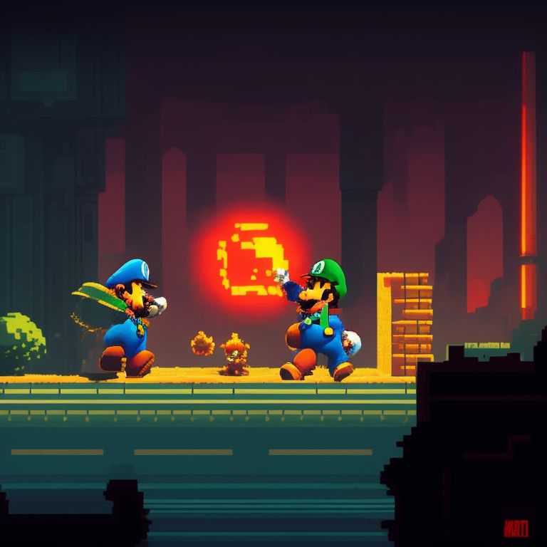 super mario bros, epic fight scene, Dynamic lighting, comic book style, Highly detailed, Trending on Artstation, art by greg rutkowski and stanley lau and marc sasso, Pixel art, 8-bit, Retro, Nostalgic, mario-themed weapons and power-ups in 2D