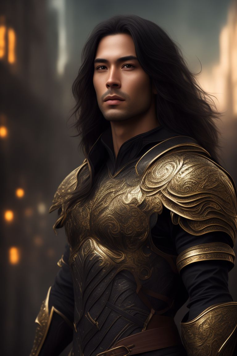 Desna: man with long dark hair and green eyes standing, wearing armor