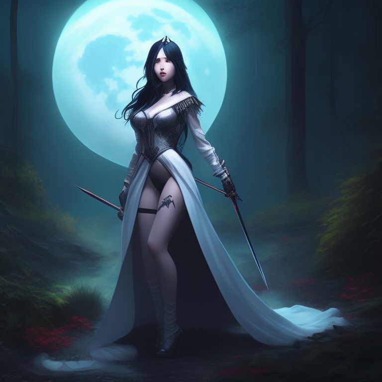 necromancer, queen, pale skin, in a haunted forest, drape, long white hair, night time, moonlight, full body shot, dress with ultra high side slits, exposed hips, exposed thighs, thin high heel shoes, sharp face, detached sleeves, ghostly, mouth closed, white eyes, Art by Sana Takeda, Art by Stanley Artgerm Lau, Art by Genzoman, Art by BlushySpicy, Art by Stjepan Sejic, Art by Citemer Liu, Art by wlop, Art by NeoArtCorE, Art by Olena Minko, Art by Jonathan tsuaii Hamilton, Art by J Scott Campbell, Art by Phil Noto, Art by Alex Ross, Art by Derrick Chew, High resolution, High quality, Comic, 8k, Comic book character, Comic book