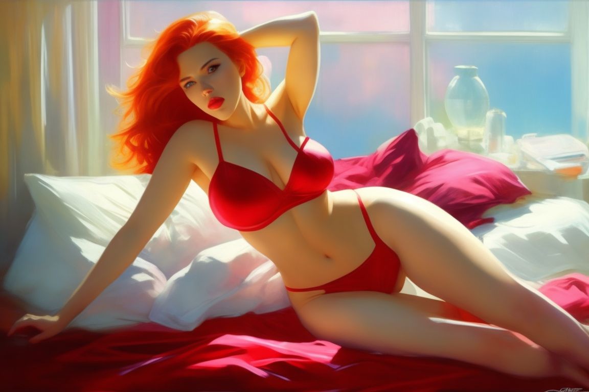 Krakau: scarlett johansson, thigh gap, beautiful, slim body, vibrant  colors, looking at viewer, full body, parted legs, legs up, on bed, eyes  open, red hair, see through