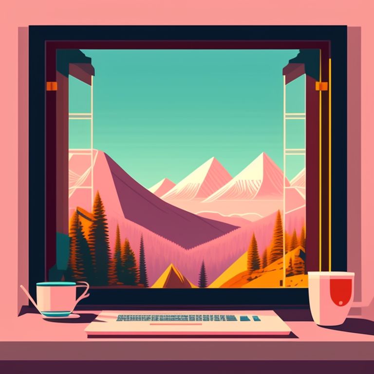 Vector illustration, Flat illustration, Illustration, a classic computer and a coffee, Wes Anderson style, background: a beautiful mountain view from a window, highly detailed, Trending on Artstation, Popular on Dribbble, Cozy wallpaper, Pastel colors