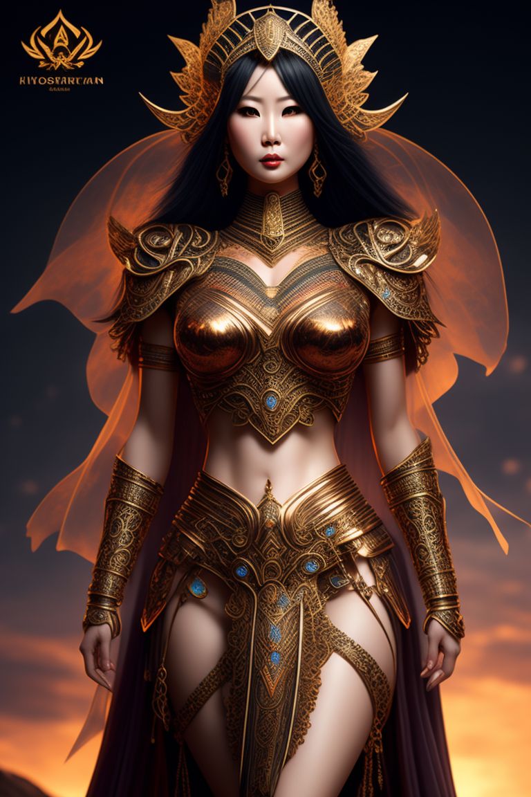 frizzy-bison549: hitomi tanaka, transparent dress, copper chastity belt,  full body, ornate and intricate design, sunset background, exposed hips