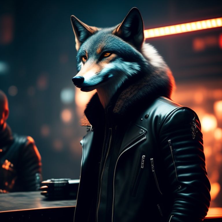 dapper-worm934: anthropomorphic wolf wearing leather biker jacket