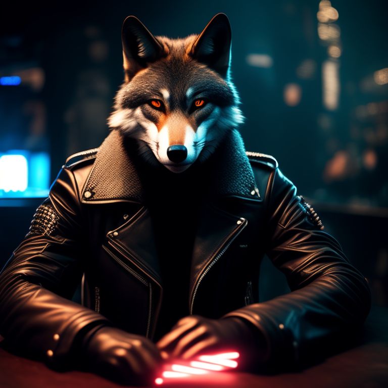 dapper-worm934: anthropomorphic wolf wearing leather biker jacket