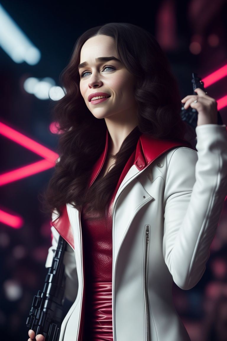 tight-eland878: emilia clarke from star wars, holding a blaster. she's  wearing a white leather jacket and red cape, standing outside in a  futuristic city. centered, posing. hand in the air, holding her