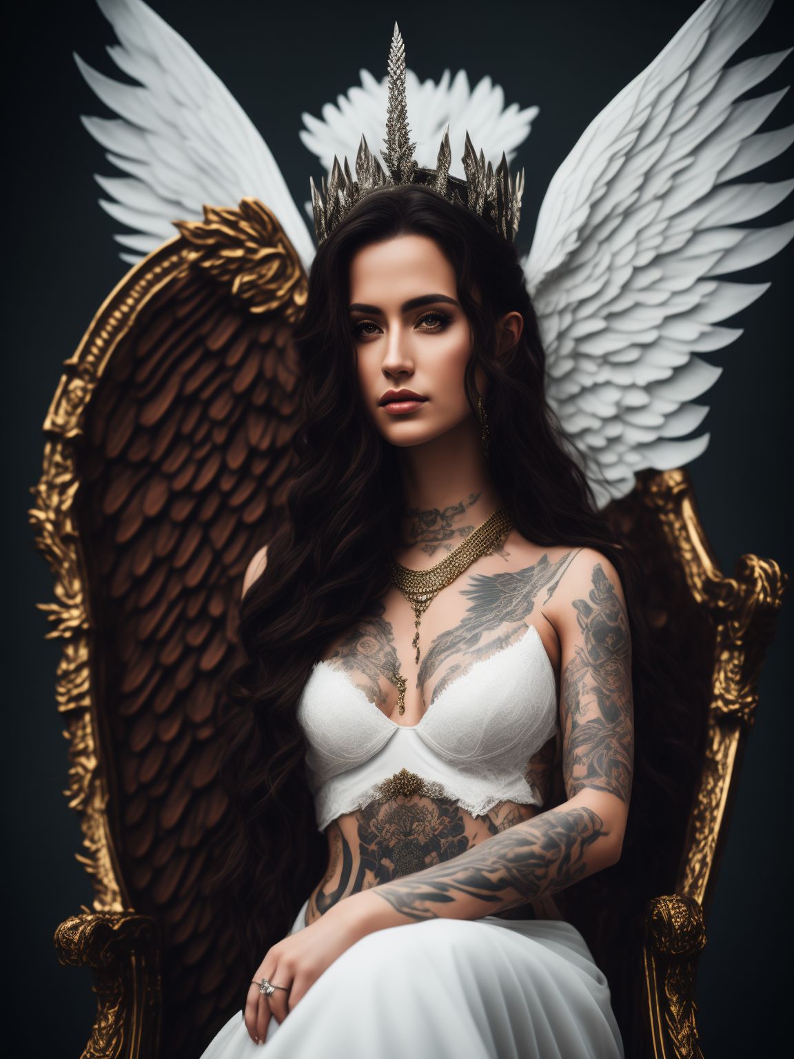 narrow goat215 angel queen with dark brown hair and tattoos with white