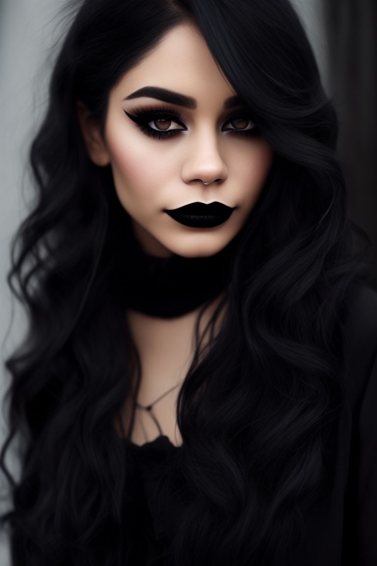 Jaya_Hess: Goth girl. Blood red lipstick, soft face, heart shaped face,  gentle, gothic, sincere, modern attire, small button nose, Vanessa Hudgens