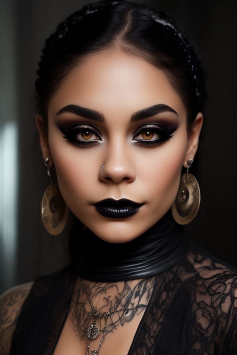 Jaya_Hess: Goth girl. Smile. Laughing mouth. Soft face, delicate features,  gentle, gothic, sincere, modern attire, small button nose, Vanessa Hudgens