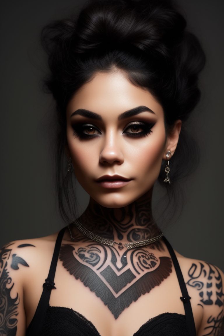 Jaya_Hess: Goth girl. Smile. Laughing mouth. Soft face, delicate features,  gentle, gothic, sincere, modern attire, small button nose, Vanessa Hudgens