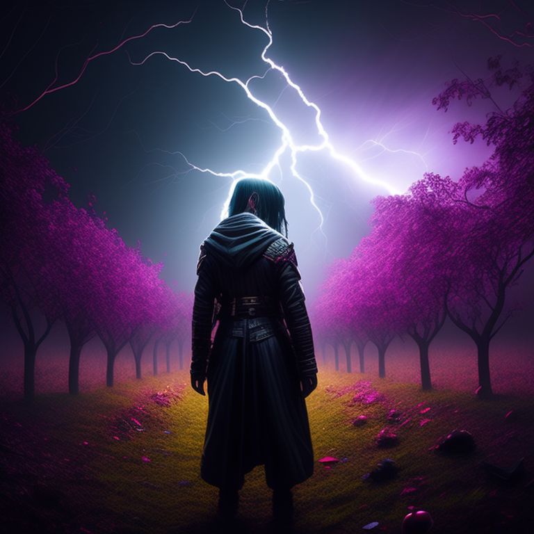 Greed, Lightning, moonlight, apple orchard, purple, black, Green, red, Blue, White, Fog, lighting strike in background, Creepy, Scary, Terrifying, morbid, horrific, horrifying, Grotesque, disgusting, Disturbing, disfigured, Haunting, Evil, menacing, Fine details, Intricate details, Studio photo, Rich color, Sensual, Fantasy, Photorealistic, Ultra detailed, Vibrant lighting, Realistic textures, Hyperrealistic, Shine