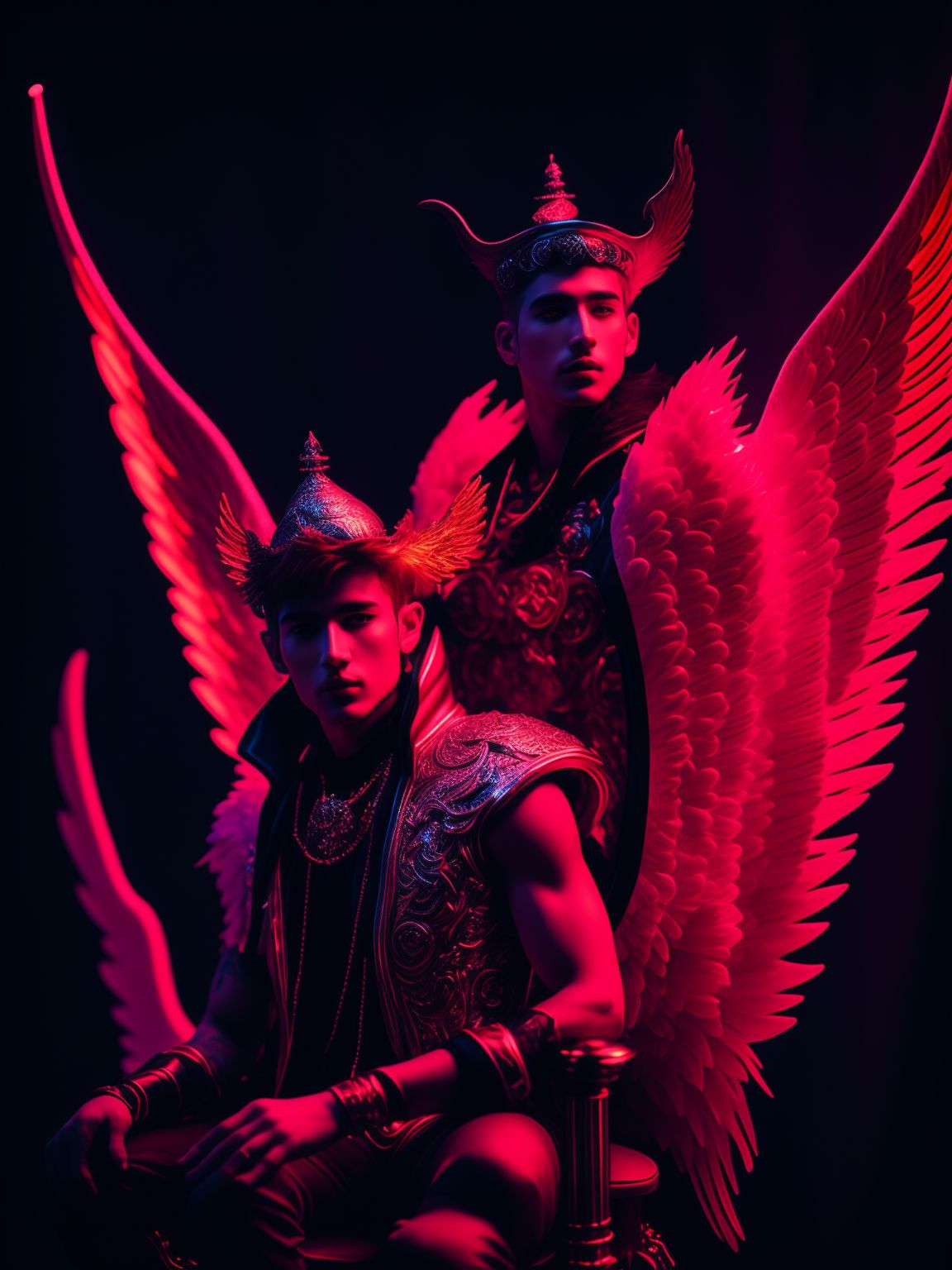 narrow-goat215: Male angel with red hair with jester hat, wings behind  back, sat on a throne, neon lighting