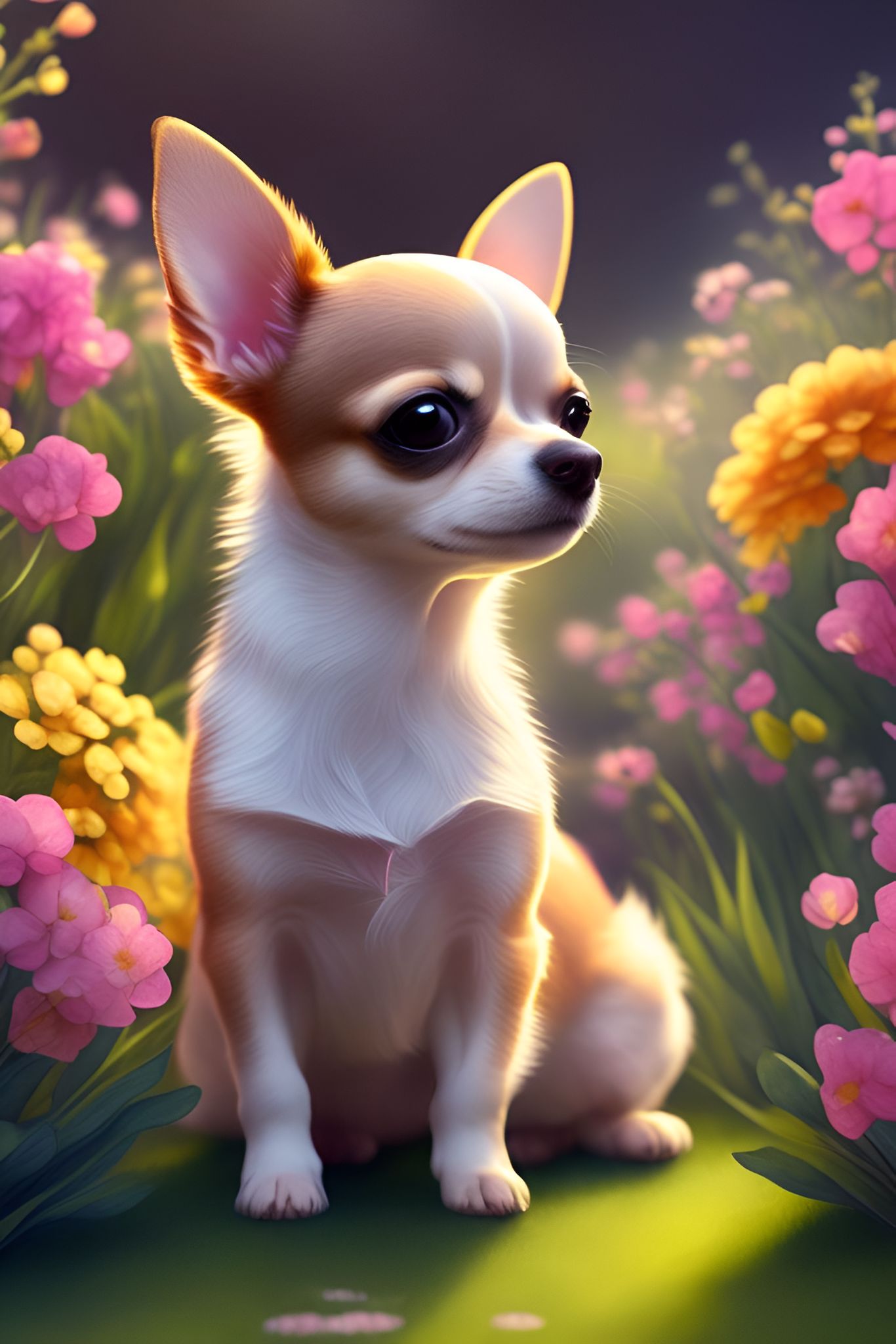 huge-gazelle509: chihuahua dog, flower garden background, spring, 4k