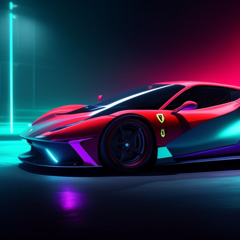 CARROS FERRARI, Neon lighting, Digital painting, Highly detailed, Concept art, Glowing, Sharp focus, Futuristic, Sci-fi