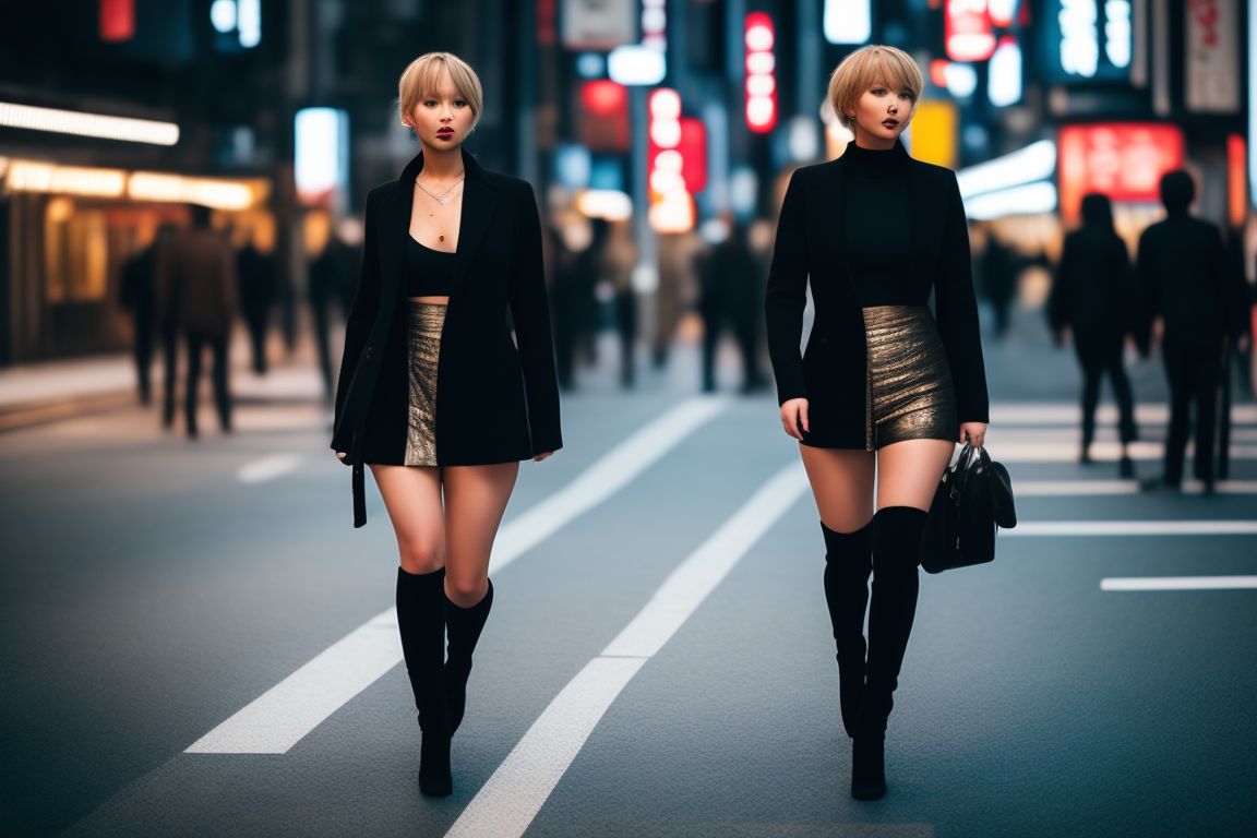 Pacificador: Jennifer Lawrence no clothing walking in Tokyo city street,  blurred background, bangs, slim waist, wide hips