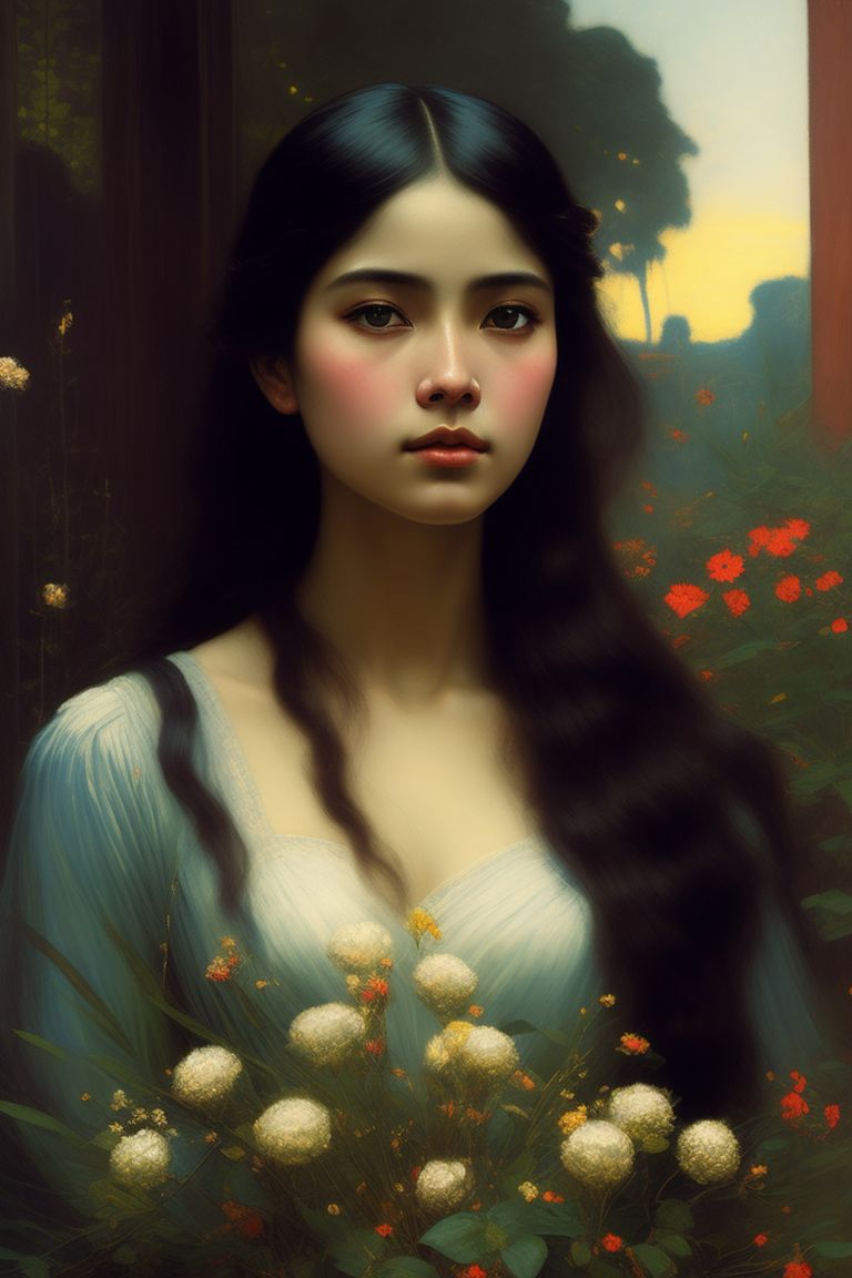 maiden singapore, surrounded by flowers and with a delicate bird on her hand, Warm lighting, oil painting style, Highly detailed, Intricate, art by john william waterhouse, franz von stuck, and herbert james draper, Digital painting, Sharp focus, trending on artstation.
