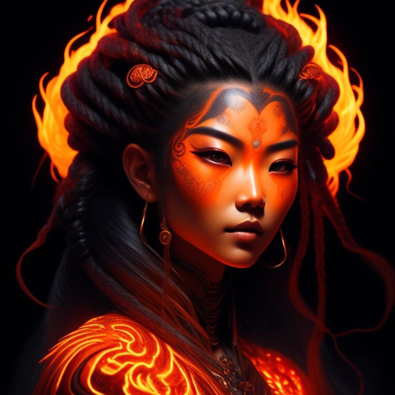a dungeons and dragons fire genasi woman that looks like Jessie Mei Li. her hair is in two braids. her skin looks like lava, Intricate details, glowing orange skin, intense expression, spellcasting, Fantasy, Highly detailed, Digital painting, Sharp focus, Dark background, inspired by art by artgerm and greg rutkowski., flame pattern on skin