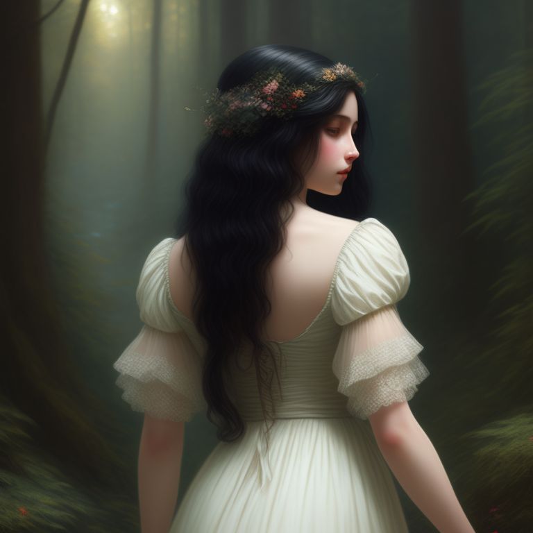juliejeanette23: Full-length back view of a realistic young woman with long  black hair in pastel 18th century dress walking in a forest