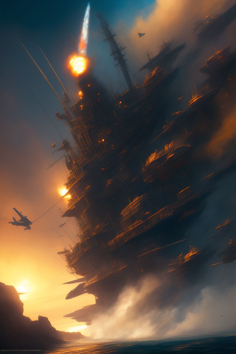 battleship at sea, aircraft in the sky, missiles, ship on the sea, ultra realistic image, octane render, golden hours, Art by Stanley Artgerm Lau, Art by Genzoman, Art by Joe Madureira, Art by BlushySpicy, Art by Stjepan Sejic, Art by J Scott Campbell, Art by Guillem March, Art by Citemer Liu, Art by Kenneth Rocafort, 4k, High resolution, Comic book, Comic book character, Comic, High quality, Super high quality model, Production cinematic character rendering, Vivid, Highly detailed, Epic, Intricate, Cgsociety trending, Centered, Minidemo, Thoughtful, Intricate details, Ink cloud, Splash, Expansive, Elegant, Intricately detailed, Concept art, 8k, photo illustration by Marton Bobzert, Maximalism, Volumetric lighting, Natural light, Professional photography, calligraphy, Intricate gouache by Jean Baptiste Monge, photorealistic masterpiece by Aaron Horka and Jeremy Mann, Photorealistic, Masterpiece, 8k resolution, Ink flow, alberto seveso art, detailed gorgeous face, Perfect body proportions, super detailed art photo