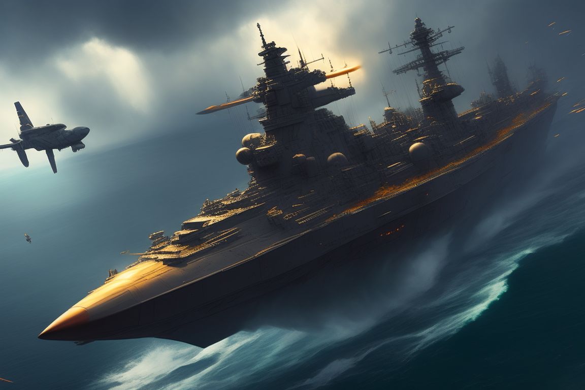 battleship at sea, aircraft in the sky, missiles, ship on the sea, ultra realistic image, octane render, golden hours, Art by Stanley Artgerm Lau, Art by Genzoman, Art by Joe Madureira, Art by BlushySpicy, Art by Stjepan Sejic, Art by J Scott Campbell, Art by Guillem March, Art by Citemer Liu, Art by Kenneth Rocafort, 4k, High resolution, Comic book, Comic book character, Comic, High quality, Super high quality model, Production cinematic character rendering, Vivid, Highly detailed, Epic, Intricate, Cgsociety trending, Centered, Minidemo, Thoughtful, Intricate details, Ink cloud, Splash, Expansive, Elegant, Intricately detailed, Concept art, 8k, photo illustration by Marton Bobzert, Maximalism, Volumetric lighting, Natural light, Professional photography, calligraphy, Intricate gouache by Jean Baptiste Monge, photorealistic masterpiece by Aaron Horka and Jeremy Mann, Photorealistic, Masterpiece, 8k resolution, Ink flow, alberto seveso art, detailed gorgeous face, Perfect body proportions, super detailed art photo