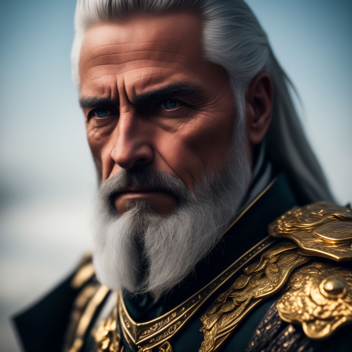 Older Male Dragon Rider Ranger. He has gold dragon eyes. Silver hair with a hint gold kept neatly in a half ponytail and a short beard. Gold dragon companion., Cinematic, Photography, Sharp, Hasselblad, Dramatic Lighting, Depth of field, Medium shot, Soft color palette, 80mm, Incredibly high detailed, Lightroom gallery