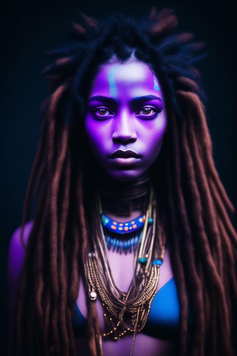 lawful-kudu497: Beautiful young alien humanoid woman with dreadlocks light  skin large purple eyes and blue tribal markings on her face and body