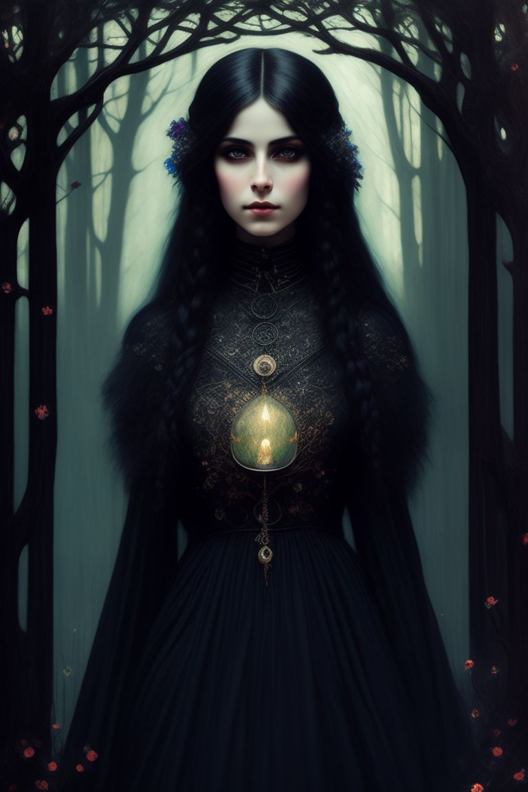 dreary-wren426: beautiful dark Witch, beautiful eyes, gothic style, forest  sence, moon sence, magic witchcraft, glitter