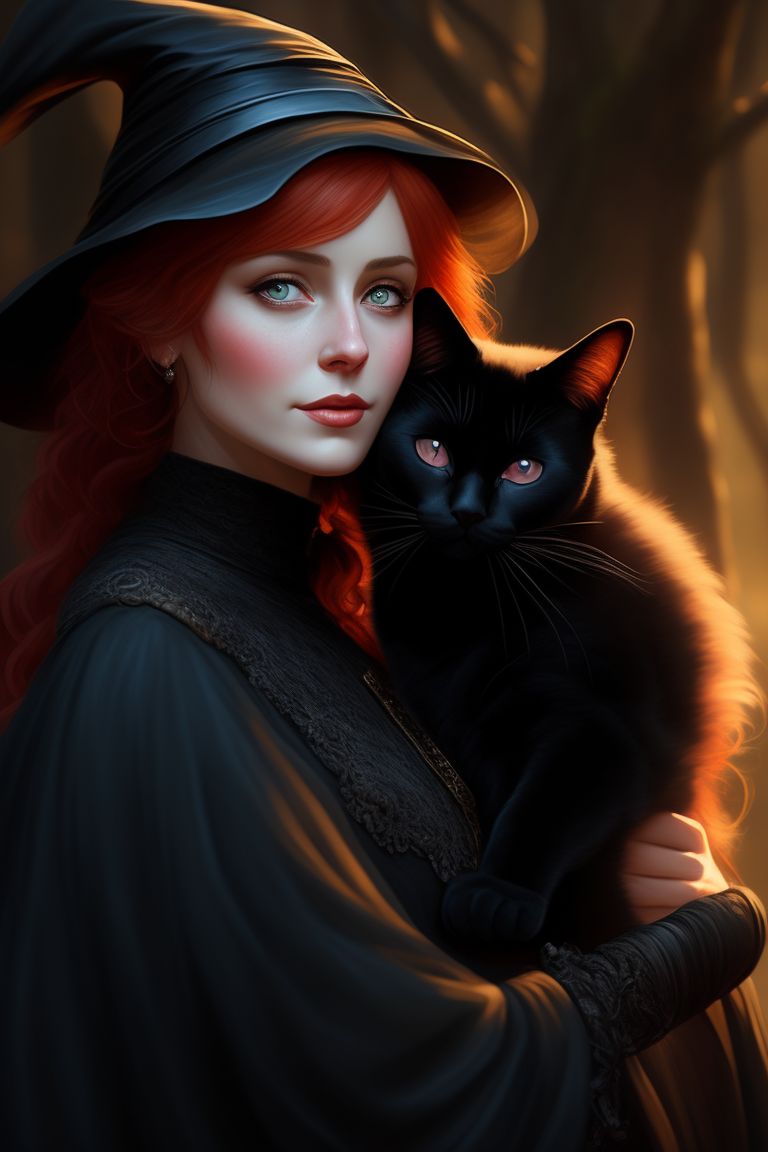 a detailed portrait of a red headed witch hugging a black grumpy cat, wearing a black dress, looking like annalisa, illustrator, by justin gerard and greg rutkowski, digital art, realistic painting, dnd, character design, trending on artstation, forest on background.