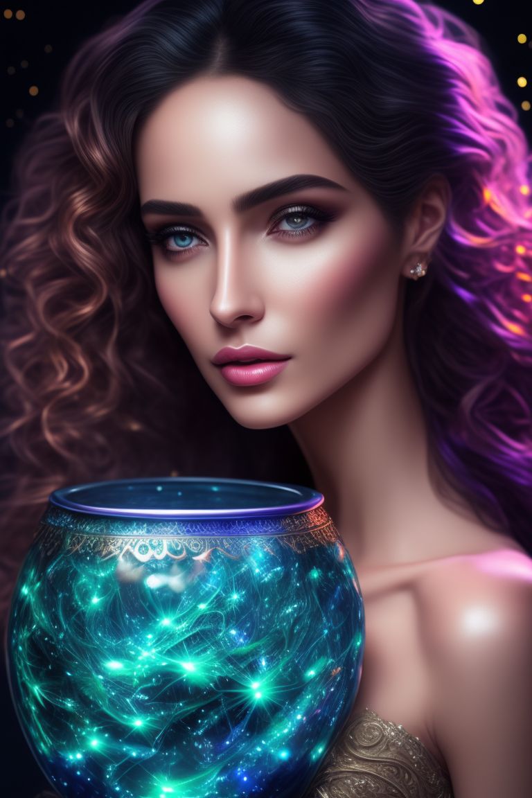 Photography, A witch with pretty, perfect features, preparing a phosphorescent blue concoction in a large pot, in the middle of the forest, in the background bright stars, beautiful, splash, Glittering, cute and adorable, filigree, crystal , rim lighting, lights, extremely, magic, surreal, fantasy, fireflies flying close, digital art, realism, hazel eyes, ultra realistic and detailed, reflection eyes ultra realistic, skin perfect, with vibrant meticulously detailed intricate long curly glowing and flowing hair, Fantasy, Beautifully lit, Beautiful lighting, lovely colors, Intricate details, fineart, max details, Ultra realistic, photo realism, Perfect anatomy, precise features