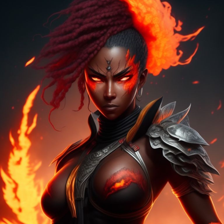 the genasi should be shown standing in a pose that conveys strength and intensity, with her flaming hair cascading around her shoulders, the background of the image should be a fiery landscape, with streams of lava and flames flickering in the distance, the genasi's eyes should be glowing with a fierce inner light, and her facial expression should convey a sense of anger and determination, her muscular physique should be visible through her clothing, which should be made of materials that can withstand the intense heat radiating from her body, to emphasize the genasi's fiery nature, the image should include several visual elements, such as sparks, embers, or flames, that seem to be emanating from her or swirling around her. finally, the color palette of the image should be dominated by shades of red, Orange, and yellow, with hints of black to represent the charred landscape., powerful and fearsome female fire genasi with skin made of molten lava and hair in braids, Wtrcolor style, Character design, Natural color scheme, (((full body view))), Centered and symmetrical, Cinematic setting, Full body portrait, Frontal view, Beautiful face, Extremely detailed, Cinematic, Dark, Fancy, Cinematic lighting, Beautiful composition