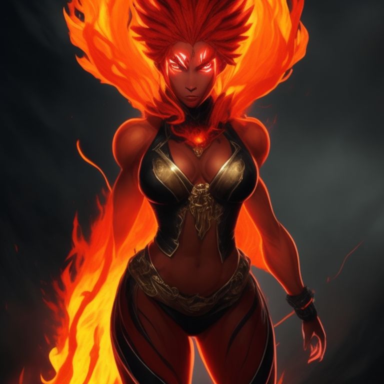 the genasi should be shown standing in a pose that conveys strength and intensity, with her flaming hair cascading around her shoulders, the background of the image should be a fiery landscape, with streams of lava and flames flickering in the distance, the genasi's eyes should be glowing with a fierce inner light, and her facial expression should convey a sense of anger and determination, her muscular physique should be visible through her clothing, which should be made of materials that can withstand the intense heat radiating from her body, to emphasize the genasi's fiery nature, the image should include several visual elements, such as sparks, embers, or flames, that seem to be emanating from her or swirling around her. finally, the color palette of the image should be dominated by shades of red, Orange, and yellow, with hints of black to represent the charred landscape., powerful and fearsome female fire genasi with skin made of molten lava and hair in braids, Wtrcolor style, Character design, Natural color scheme, (((full body view))), Centered and symmetrical, Cinematic setting, Full body portrait, Frontal view, Beautiful face, Extremely detailed, Cinematic, Dark, Fancy, Cinematic lighting, Beautiful composition