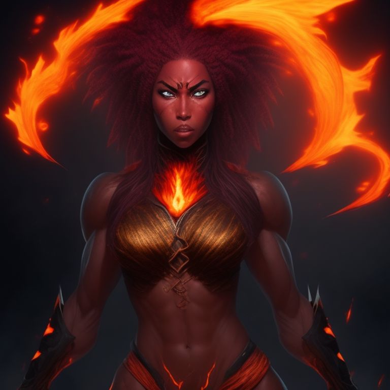 the genasi should be shown standing in a pose that conveys strength and intensity, with her flaming hair cascading around her shoulders, the background of the image should be a fiery landscape, with streams of lava and flames flickering in the distance, the genasi's eyes should be glowing with a fierce inner light, and her facial expression should convey a sense of anger and determination, her muscular physique should be visible through her clothing, which should be made of materials that can withstand the intense heat radiating from her body, to emphasize the genasi's fiery nature, the image should include several visual elements, such as sparks, embers, or flames, that seem to be emanating from her or swirling around her. finally, the color palette of the image should be dominated by shades of red, Orange, and yellow, with hints of black to represent the charred landscape., powerful and fearsome female fire genasi with skin made of molten lava and hair in braids, Wtrcolor style, Character design, Natural color scheme, (((full body view))), Centered and symmetrical, Cinematic setting, Full body portrait, Frontal view, Beautiful face, Extremely detailed, Cinematic, Dark, Fancy, Cinematic lighting, Beautiful composition