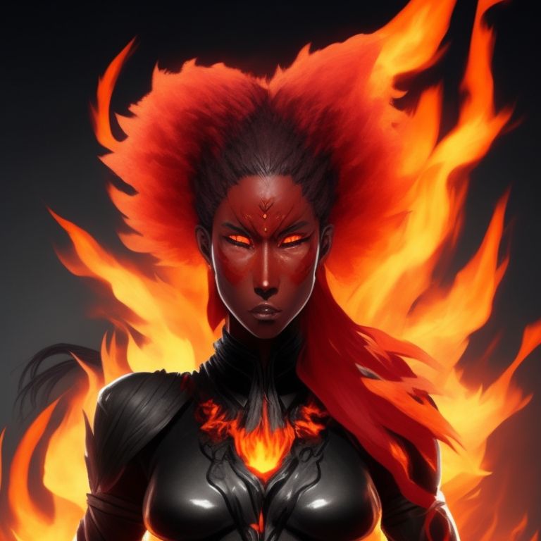 the genasi should be shown standing in a pose that conveys strength and intensity, with her flaming hair cascading around her shoulders, the background of the image should be a fiery landscape, with streams of lava and flames flickering in the distance, the genasi's eyes should be glowing with a fierce inner light, and her facial expression should convey a sense of anger and determination, her muscular physique should be visible through her clothing, which should be made of materials that can withstand the intense heat radiating from her body, to emphasize the genasi's fiery nature, the image should include several visual elements, such as sparks, embers, or flames, that seem to be emanating from her or swirling around her. finally, the color palette of the image should be dominated by shades of red, Orange, and yellow, with hints of black to represent the charred landscape., jessie mei li as a fearsome female fire genasi with skin made of molten lava and hair in braids, Wtrcolor style, Character design, Natural color scheme, (((full body view))), Centered and symmetrical, Cinematic setting, Full body portrait, Frontal view, Beautiful face, Extremely detailed, Cinematic, Dark, Fancy, Cinematic lighting, Beautiful composition