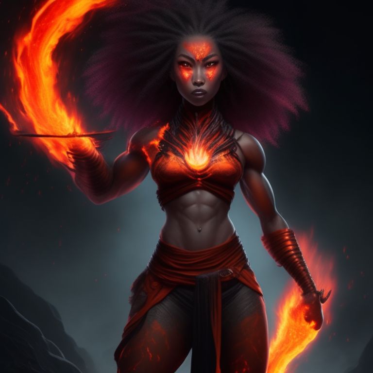 the genasi should be shown standing in a pose that conveys strength and intensity, with her flaming hair cascading around her shoulders, the background of the image should be a fiery landscape, with streams of lava and flames flickering in the distance, the genasi's eyes should be glowing with a fierce inner light, and her facial expression should convey a sense of anger and determination, her muscular physique should be visible through her clothing, which should be made of materials that can withstand the intense heat radiating from her body, to emphasize the genasi's fiery nature, the image should include several visual elements, such as sparks, embers, or flames, that seem to be emanating from her or swirling around her. finally, the color palette of the image should be dominated by shades of red, Orange, and yellow, with hints of black to represent the charred landscape., jessie mei li as a fearsome female fire genasi with skin made of molten lava and hair in braids, Wtrcolor style, Character design, Natural color scheme, (((full body view))), Centered and symmetrical, Cinematic setting, Full body portrait, Frontal view, Beautiful face, Extremely detailed, Cinematic, Dark, Fancy, Cinematic lighting, Beautiful composition