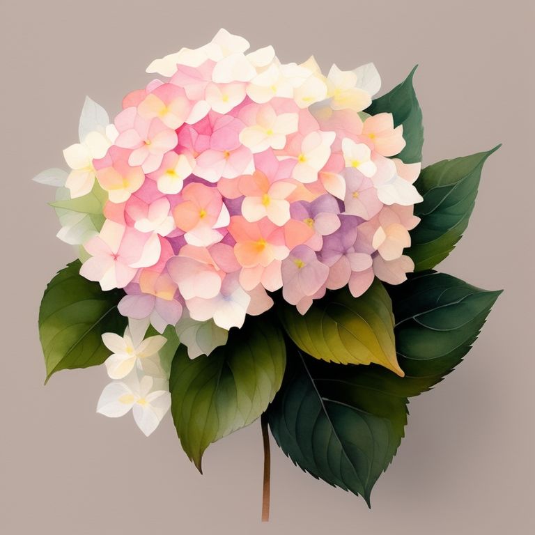 Delicate watercolor illustration, Hydrangea , Warm color palette, Pastel colors, White background, Cozy