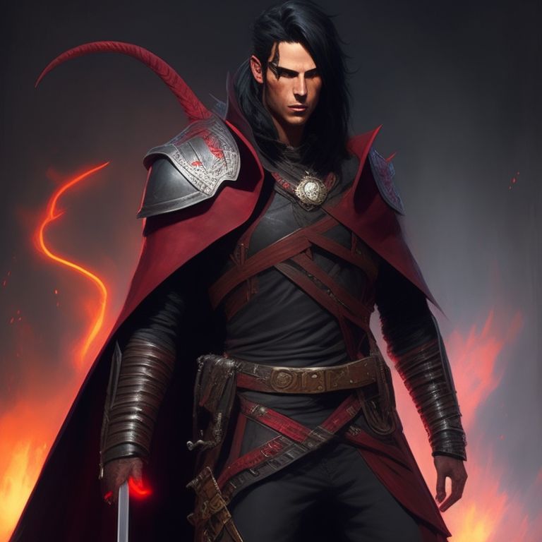 speedy-finch694: Male tiefling warlock. Red skin, black long hair ...