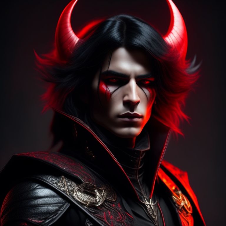 Male tiefling warlock. Red skin, black long hair, with his horns back. Dresssed with a long red leather jacket and high leather boots. With a light crossbow in his hand., dark and moody style, intricate and highly detailed, Sharp focus, inspired by art by loish and rossdraws, trending on artstation hq.