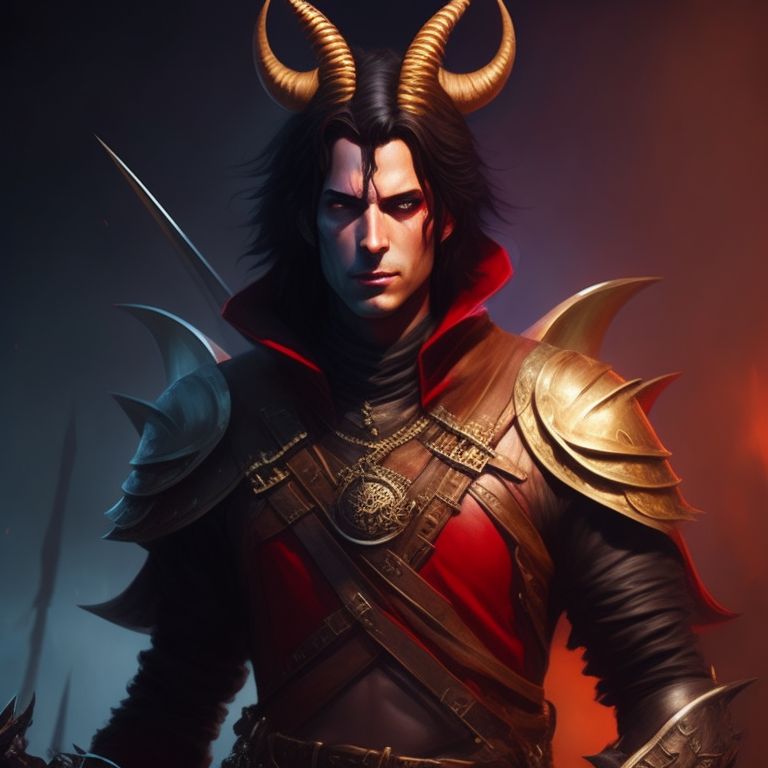 speedy-finch694: Male tiefling warlock. Red skin, black long hair, with ...