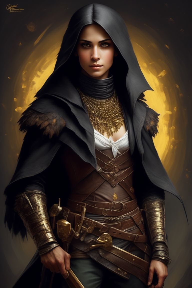 photography taken by canon eos r5, stunning fullbody d&d character art, a crow rogue with an excited expression and a pile of gold, wears very look good outfit, standing, Detailed face, beautiful eyes and hair, flawless bright skin, soft makeup and draw thin eyebrows, Human-like eyes, good anatomy, Perfect white balance, Sun lighting, rim lighting uhd, (art by norman rockwell), prime photography, smooth crisp line quality