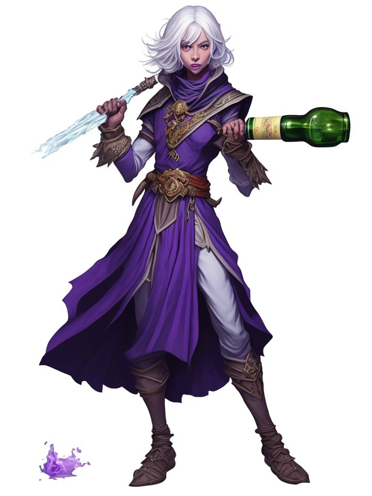 smart-donkey354: a drow monk with purple skin holding a bottle of wine