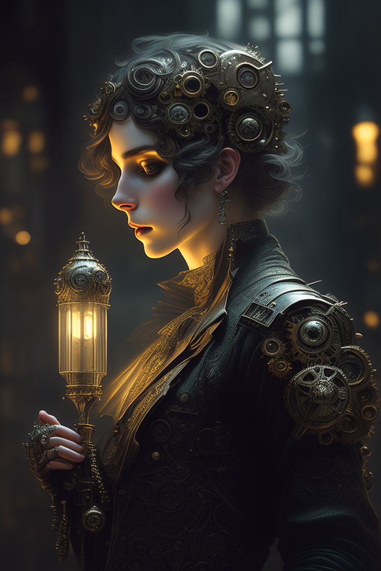 dark steampunk, Close-up, Mid-Shot, team punk cyborg, diffuse lighting, fantasy, intricate, elegant, highly detailed, lifelike, photorealistic, digital painting, artstation, illustration, concept art, smooth, sharp focus, art by John Collier and Albert Aublet and Krenz Cushart and Artem Demura and Alphonse Mucha, hypermaximalist,  8k, octane render, unreal engine  , Nikon Z9, Nikkor 50mm , Steampunk aesthetic, Retro-futuristic, Industrial, Victorian, European, rustic materials (such as wood and brick and stone), Elegant, Steam, Vintage, Rustic style, Gritty realism, Nostalgic, Intricate, Scenic, Hyper-Realistic, Hyper-Detailed, simple tiny victorian golden ornaments, 8k, dark industry, gears, cogs, steam-powered machinery, smog, Masterpiece, shadowy atmosphere, Artgerm, Wlop, Greg Rutkowski, Su Jeong Ahn, akihiko yoshida, Male or female