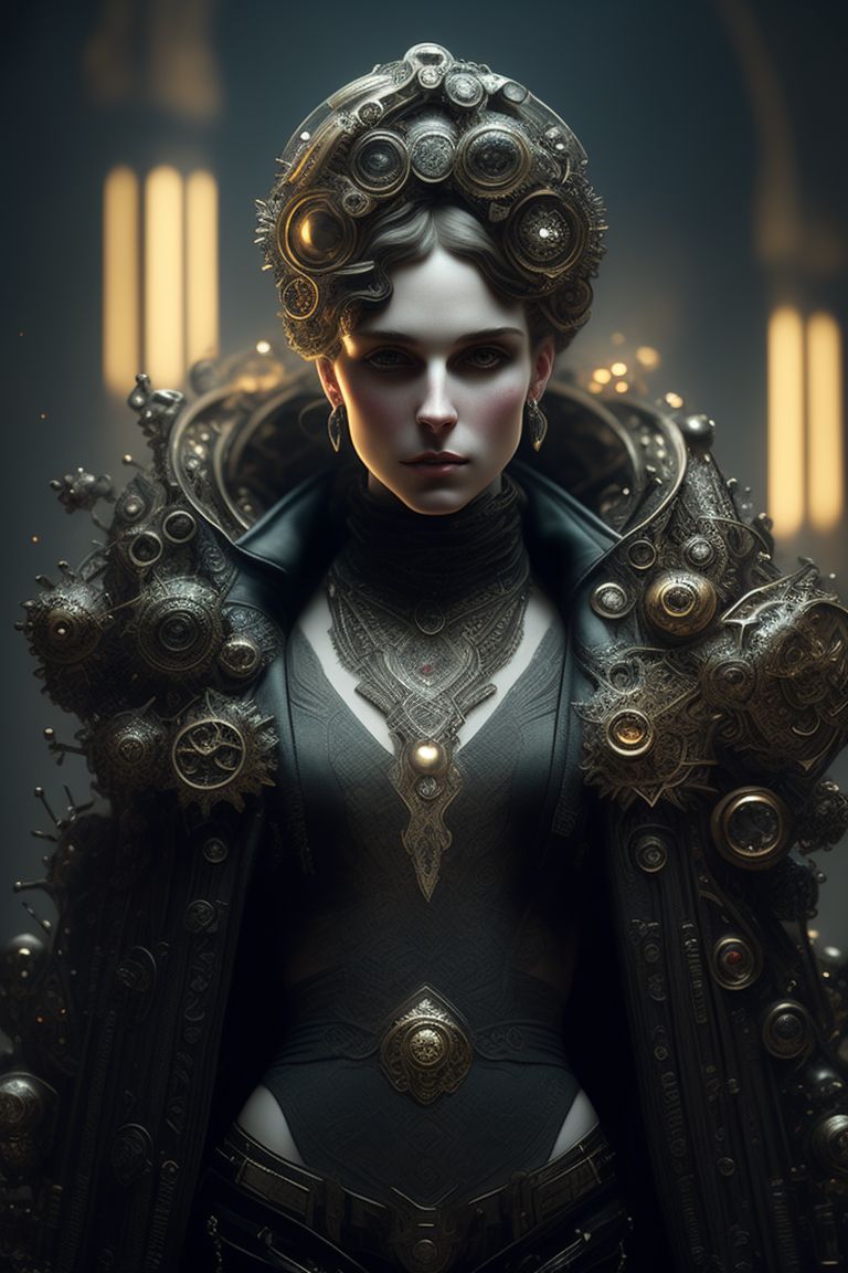 dark steampunk, Close-up, Mid-Shot, team punk cyborg, diffuse lighting, fantasy, intricate, elegant, highly detailed, lifelike, photorealistic, digital painting, artstation, illustration, concept art, smooth, sharp focus, art by John Collier and Albert Aublet and Krenz Cushart and Artem Demura and Alphonse Mucha, hypermaximalist,  8k, octane render, unreal engine  , Nikon Z9, Nikkor 50mm , Steampunk aesthetic, Retro-futuristic, Industrial, Victorian, European, rustic materials (such as wood and brick and stone), Elegant, Steam, Vintage, Rustic style, Gritty realism, Nostalgic, Intricate, Scenic, Hyper-Realistic, Hyper-Detailed, simple tiny victorian golden ornaments, 8k, dark industry, gears, cogs, steam-powered machinery, smog, Masterpiece, shadowy atmosphere, Artgerm, Wlop, Greg Rutkowski, Su Jeong Ahn, akihiko yoshida, Male or female