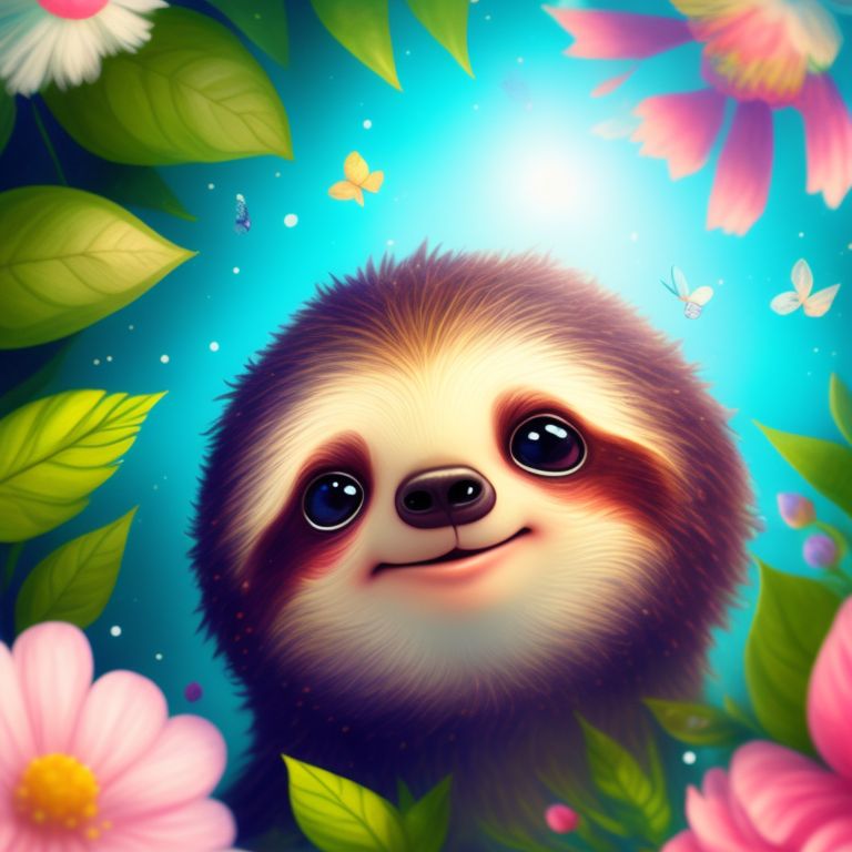 A storybook of the cutest baby sloth, lovely smile ☺️ , 2d illustration, digital art, hyper realistic, fantasy, colorful butterflies, wildflowers, vivid colors. dreamlike fantasy, sparkles, summer vibe, vibrant colors, floral accents , Cute big head, Cel shaded,  earth and pastel colors, Pencil and gouache watercolor, Quality 4k, 2d, Kid story tale, Tiny body, wide angle, Fairy tales, Ambient lighting