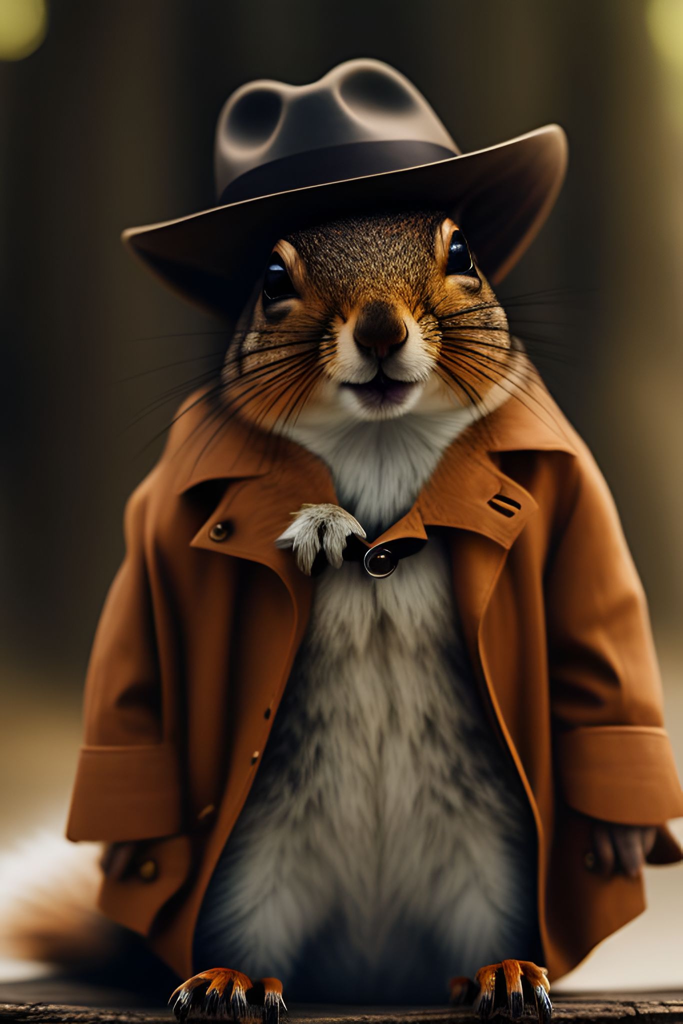 addison A squirrel anthropomorphic detective in a brown trench coat