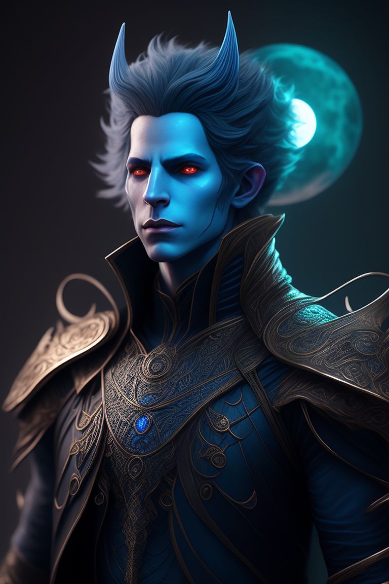 infamous-gnu66: young male tiefling, wizard, blue skin, without horns,  souls, half moon