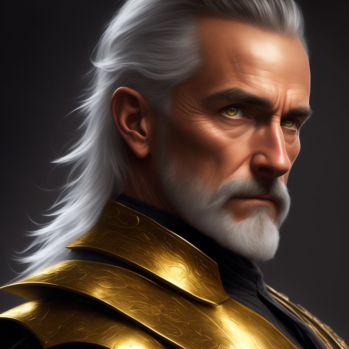 D&D portrait of, Older Male Dragon Rider Ranger. He has gold dragon eyes. Silver hair with a hint gold kept neatly in a half ponytail and a short beard. Gold dragon companion., fantasy d&d style, Rim lighting, perfect line quality, high pretty realistic quality oil painting, art by norman rockwell, Centered, dark outlines, perfect white balance, color grading, 16K, Dynamic pose, Sharp, Sharp edges