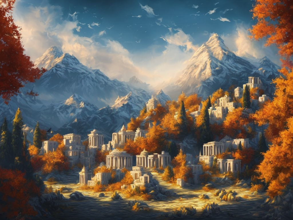 Hursty Snowy Mountain Fantasy Awesome Intricate Greek City Scene