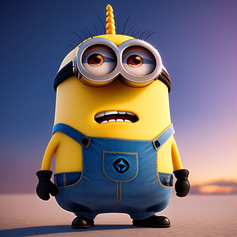 standing centered, Pixar style, 3d style, disney style, 8k, Beautiful, yellow Minion Despicable Me on top of unicorn, rearing up,