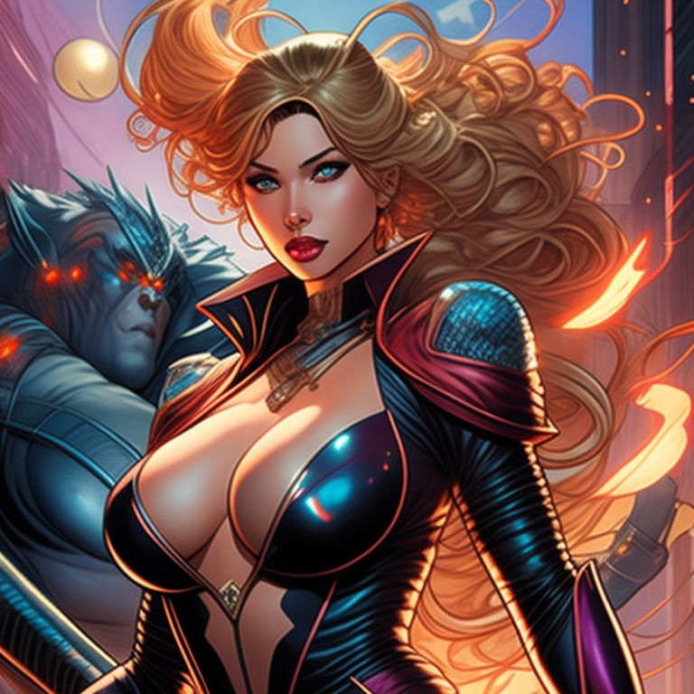 only-baboon872: Beautiful woman steampunk with a technological suit,  flowing robes, wielding arcane energy, Adam Hughes style, facing off  against giant demon, intense battle, full body
