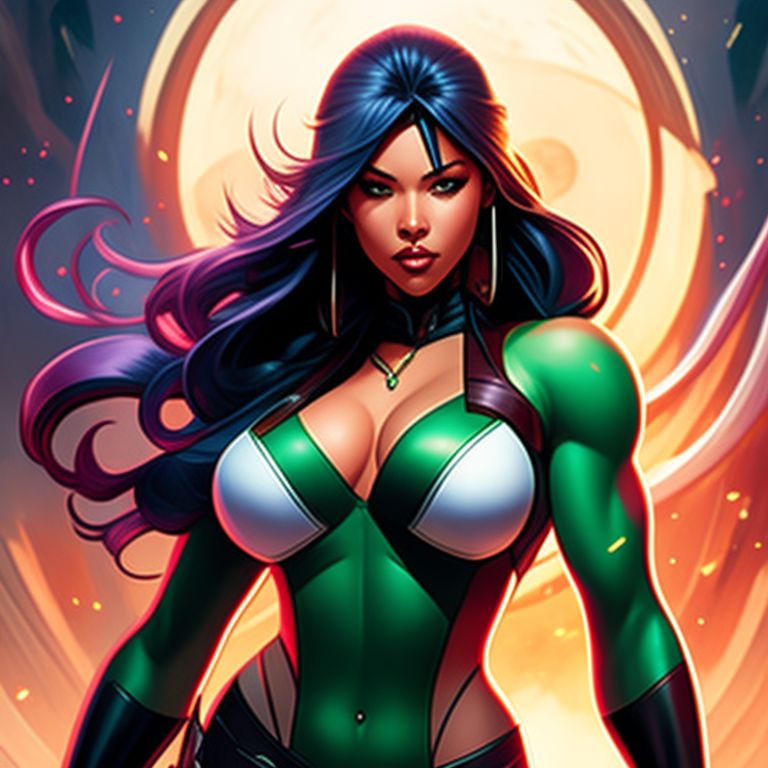 only-baboon872: Beautiful woman with a technological suit, flowing robes,  wielding arcane energy, Adam Hughes style, she hulk, high detailed,  muscles, sharpen edges, powerful, perfect full body, cover