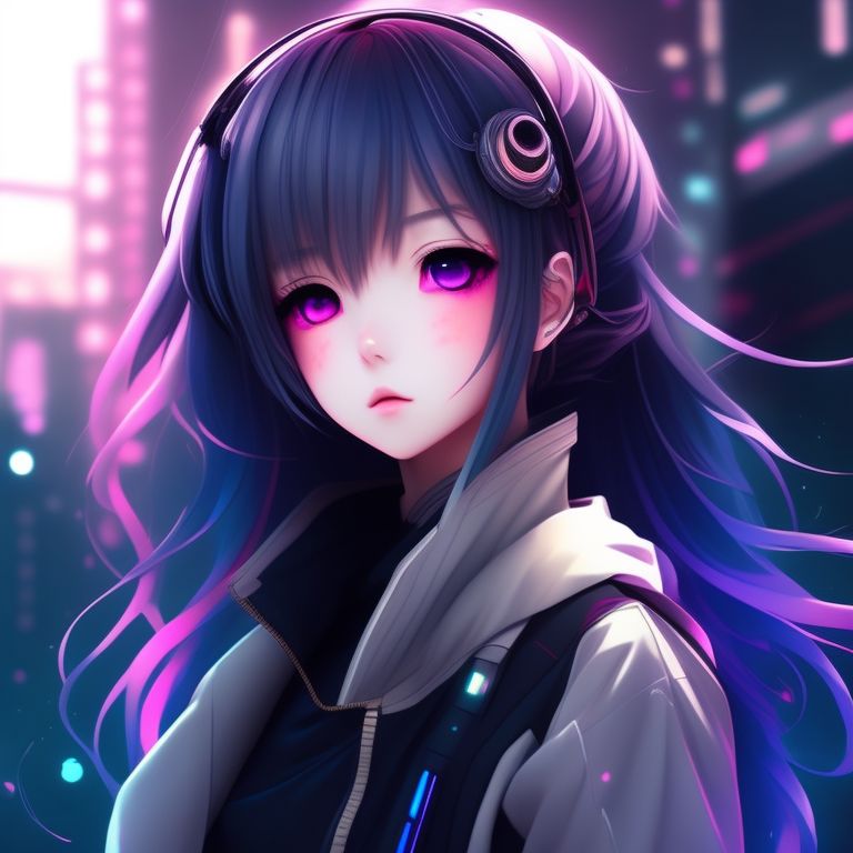 winding-koala59: cyberpunk Anime girl with mid-length white hair playing on  her phone